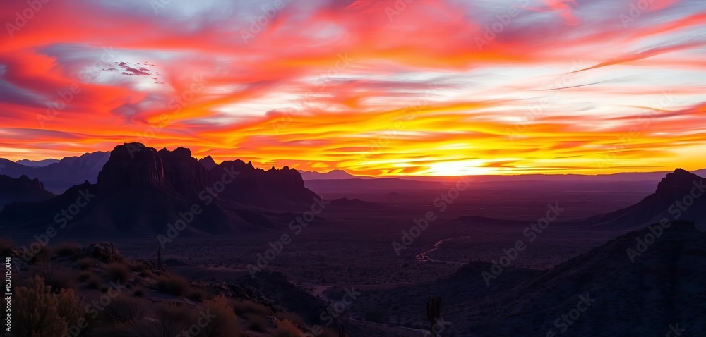 Naklejka premium Fiery sunset paints Organ Mountains silhouettes, vibrant hues across desert landscape, spectacular, arid