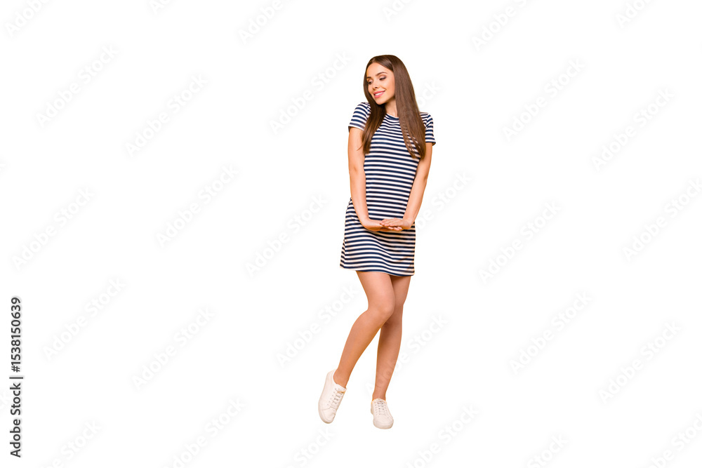 © deagreez - Full length photo of nice girl glad sunny weather wear striped white blue dress isolated yellow background