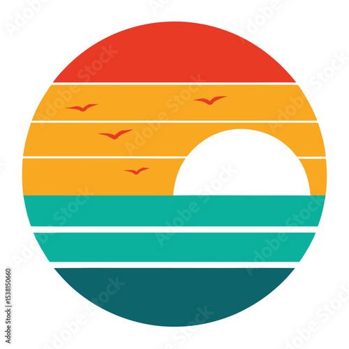 Free Download Retro Style Sunset Circle With Birds Flying Over the Ocean Illustration - GFXLoad