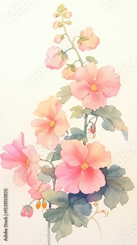 Watercolor Painting of Pink and Yellow Hollyhocks