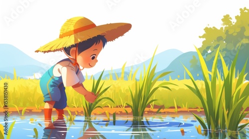Child Planting Rice in a Paddy Field