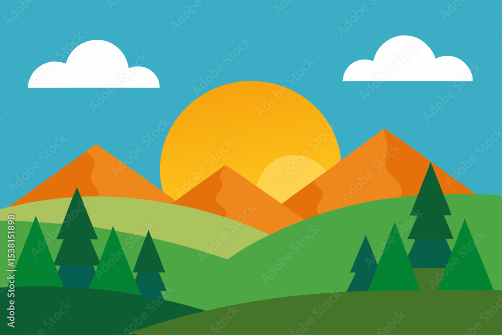 Fototapeta premium Sunset over green mountains and rolling hills