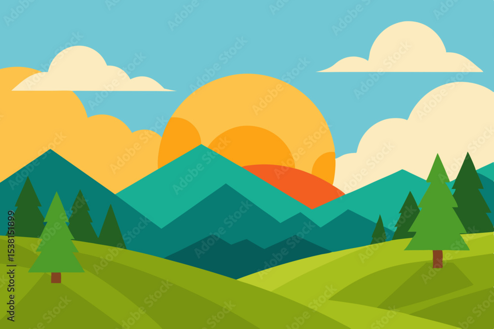 Naklejka premium Sunset over green mountains and rolling hills