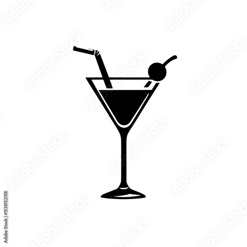 Minimalist Martini Glass Icon with Cherries, Simple black silhouette of a martini glass garnished with cherries, perfect for cocktail menus, bar signs, or party graphics.

