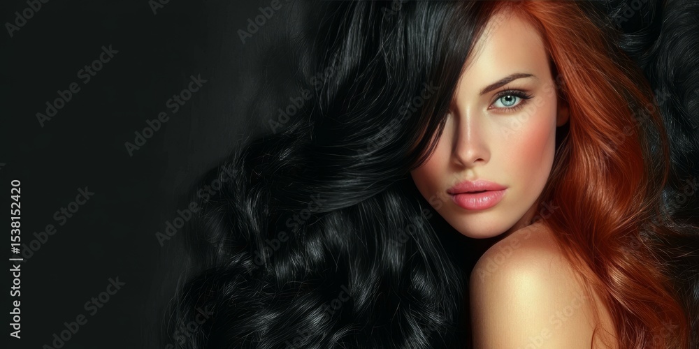 Obraz premium Stunning Brunette with Striking Contrast Hair, Half Dark and Half Auburn, Wavy and Voluminous Style