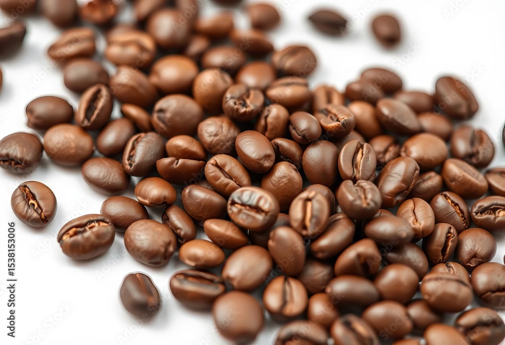 Naklejka premium Close-up of several coffee beans, isolated on white background, plant, texture