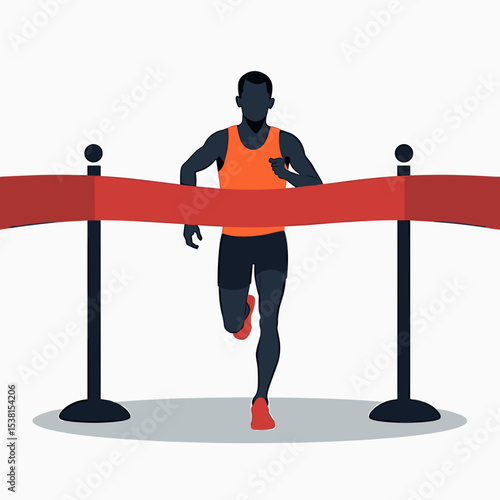 Marathon Runner Crossing the Finish Line with Red Ribbon, Flat Vector Illustration