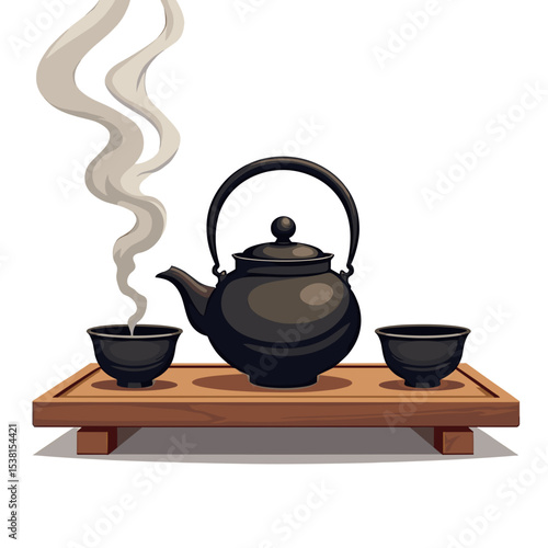 Elegant Tea Ceremony Illustration with Black Teapot and Cups on Wooden Tray with Rising Steam