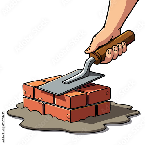 Illustration of a Hand Holding a Trowel Applying Mortar to Bricks for Construction