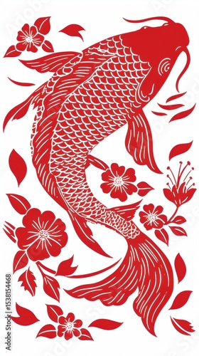 Red Koi Fish with Floral Elements