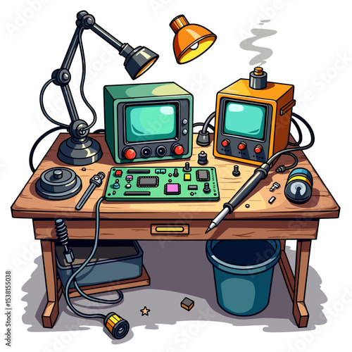 Electronics Repair Workbench with Soldering Iron, Oscilloscope, and Circuit Board Illustration