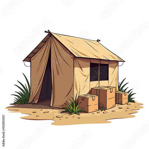 Illustration of a Tan Tent with Cardboard Boxes and Green Grass on a White Background