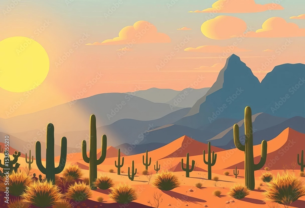 Fototapeta premium Cartoon sunlit desert landscape with cactus hills, mountains silhouettes Vector illustration, backdrop, design