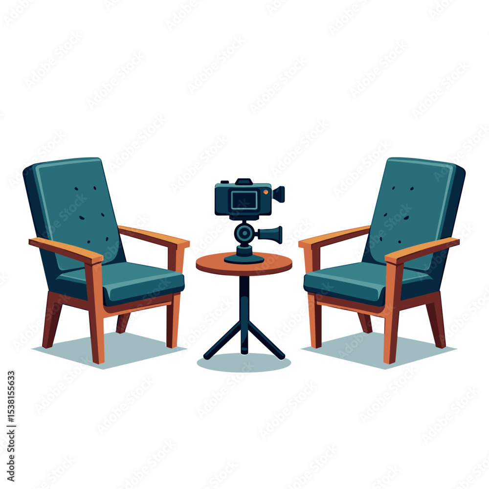 Fototapeta premium Illustration of a Camera on a Table Between Two Armchairs, Vector Design for Film or Interview Set