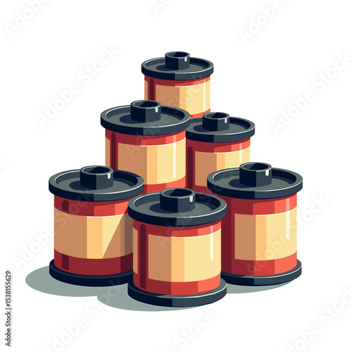 Stack of Vintage Film Canisters Illustration with Retro Design and Warm Color Palette
