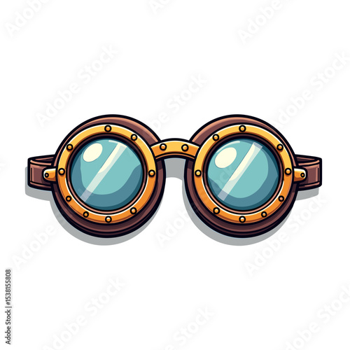 Steampunk Goggles Illustration with Round Lenses and Brown Leather Straps, Detailed Design