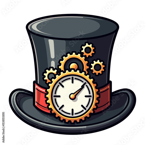 Steampunk Top Hat with Gears and Clockwork Design, a Vintage Industrial Illustration
