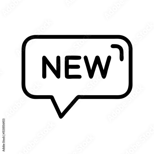 Minimalist black outline vector icon of a speech bubble containing the word "New," symbolizing new messages, notifications, and updates in a clean and simple design