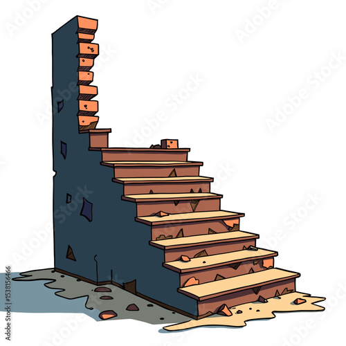 Illustration of a Worn Brick Staircase with Missing Sections and Debris Scattered Around