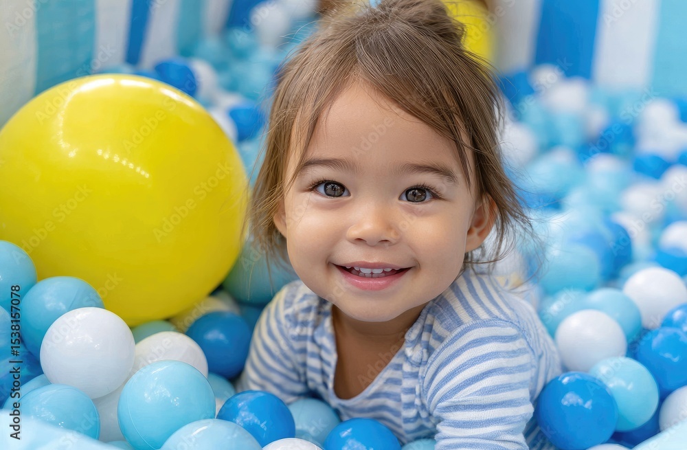 Obraz premium A girl playing in an indoor ball pit filled with blue and white balls, holding a yellow balloon