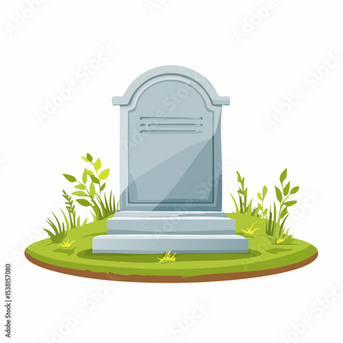 Serene Gravestone Illustration Peaceful Cemetery Scene with Green Grass and Plants