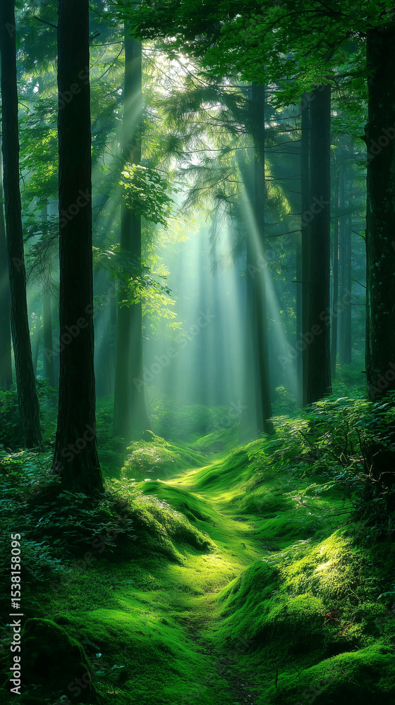 Naklejka premium Dense Woodland Trail Bathed in Soft Light