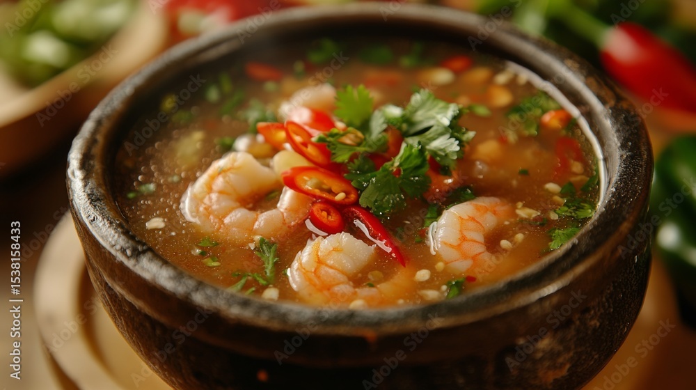 A steaming bowl of hot shrimp tom yum soup garnished with fresh herbs and chili peppers, showcasing the vibrant colors and rich ingredients in a traditional Thai setting A steaming bowl of hot shrimp tom yum soup garnished with fresh herbs and chili peppers, showcasing the vibrant colors and rich ingredients in a traditional Thai setting