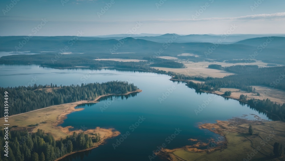 Obraz premium Aerial View Of Lake And The Surrounding Landscape During Clear Weather
