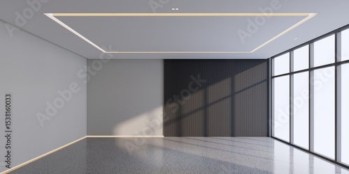 Fototapeta Naklejka Na Ścianę i Meble -  Modern Empty Room with Vertical Black Wood Slats, Sunlight Shadows, 8K 3D Render