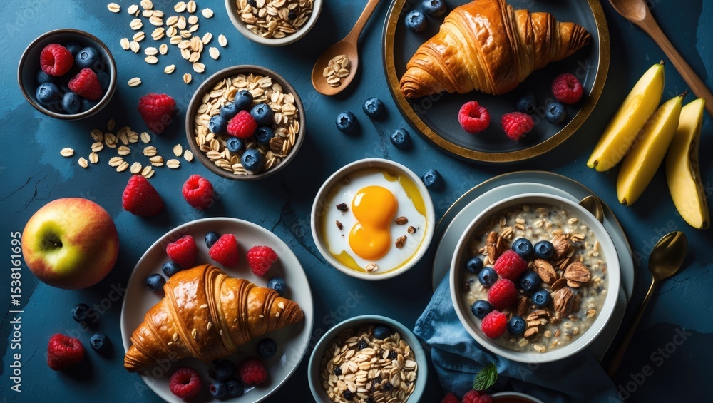 Fototapeta premium Breakfast Table Featuring Oatmeal, Croissants, Fresh Fruit, Muesli, and Berries. Overhead View, Flat Lay. Healthy Breakfast with Blank Space for Text