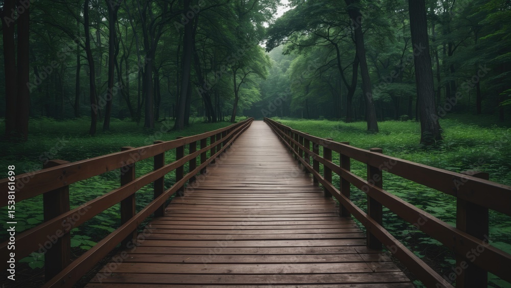 Brown wooden plank pathway in a green national park within the forest. Brown wooden plank pathway in a green national park within the forest.