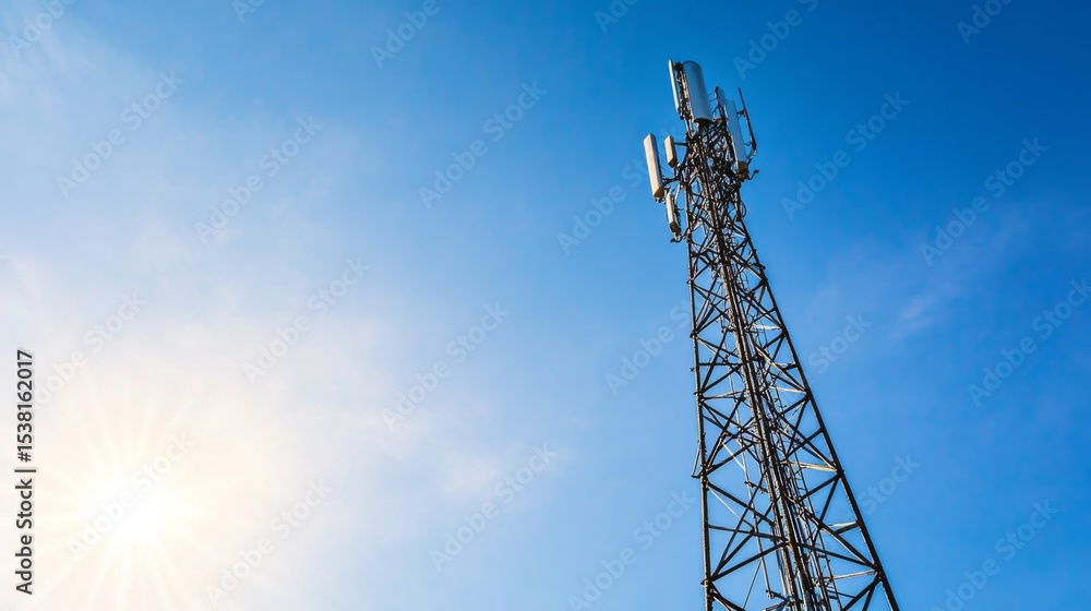 A tall communication tower standing against a clear blue sky, with the sun casting long shadows, showcasing its structure and importance in modern connectivity A tall communication tower standing against a clear blue sky, with the sun casting long shadows, showcasing its structure and importance in modern connectivity