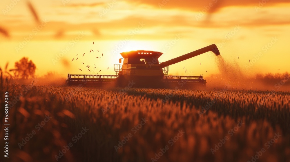 Fototapeta premium Combine Harvester in a Wheat Field at Sunset