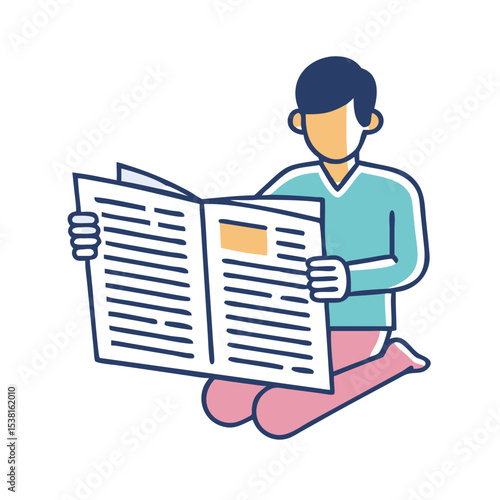 Illustration of a young man reading a newspaper while kneeling in a simple and clean flat design
