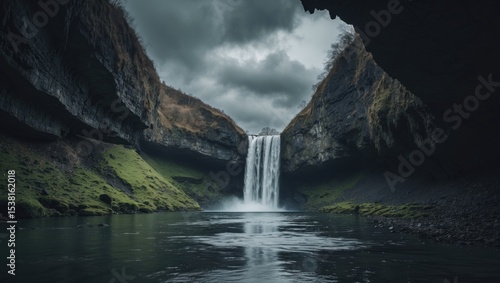 Fototapeta Naklejka Na Ścianę i Meble -  A beautiful view from a cave of a waterfall and cloudy gray sky