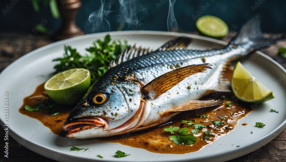 Grilled Dorado fish presented on a white plate alongside lime. Features empty space available for text. Grilled Dorado fish presented on a white plate alongside lime. Features empty space available for text.