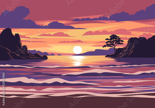 A breathtaking vector illustration of a beach sunset, framed by rugged rocky cliffs on both sides, with golden waves lapping at the shore under a vibrant dusk sky