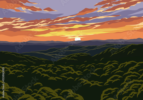 A breathtaking vector illustration of a forest at sunset from an aerial perspective, showcasing vibrant dusk colors 