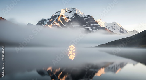 Om Symbol Reflected in Lake Beneath Mount Kailash