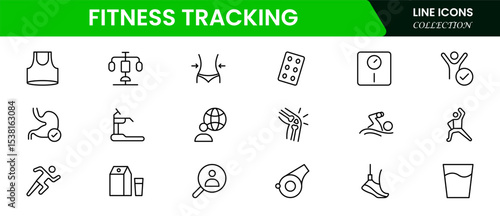 Dynamic vector web line icons depicting fitness tracking, wearables, exercise stats, health apps, and wellness monitoring for active lifestyles.