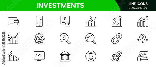 Sleek vector web line icons depicting investments, stocks, portfolios, growth, financial planning, and wealth-building strategies for economic success.