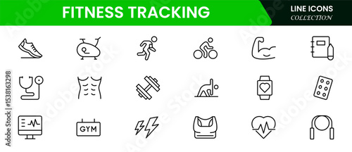 Dynamic vector web line icons depicting fitness tracking, wearables, exercise stats, health apps, and wellness monitoring for active lifestyles.