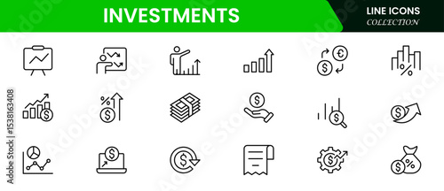 Sleek vector web line icons depicting investments, stocks, portfolios, growth, financial planning, and wealth-building strategies for economic success.