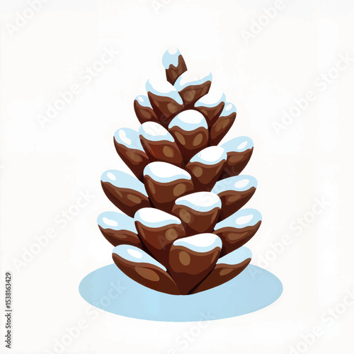 Snow-covered pinecone illustration on white background, winter theme