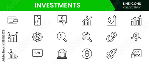 Sleek vector web line icons depicting investments, stocks, portfolios, growth, financial planning, and wealth-building strategies for economic success.