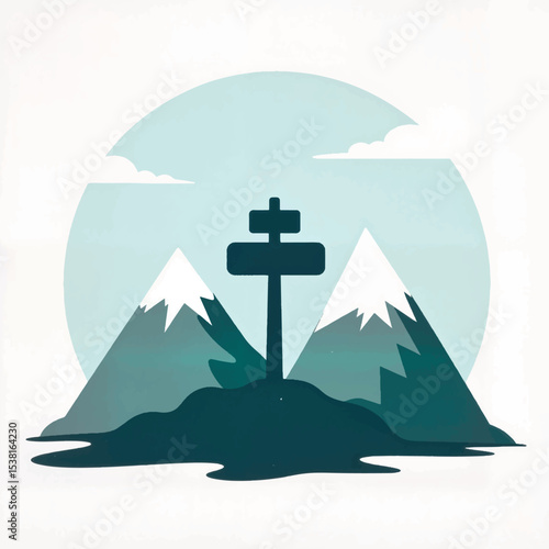 Mountain trail sign illustration against serene landscape, outdoor adventure