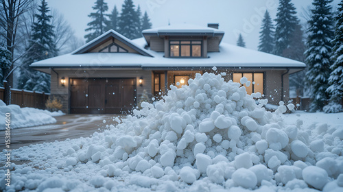 Close up view of a pile of snow being cleared from the driveway of a modern single-family home after a snowstorm. Ai generated image