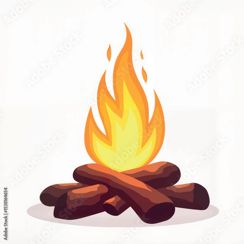 Glowing fire in campfire setup on white background, warmth concept