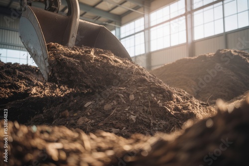 Industrial compost being moved by shovel inside spacious composting facility