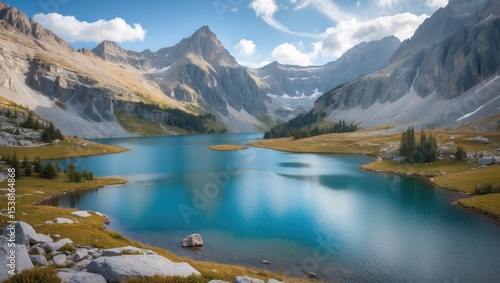 Alpine lake panorama of between rocky mountains